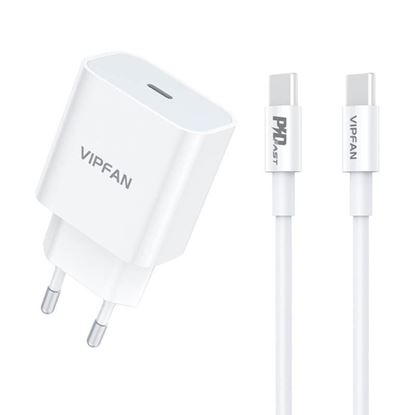 Obrázok: Nabíjačka Vipfan E04, USB-C, 20W, QC 3.0 + USB-C cable (white)